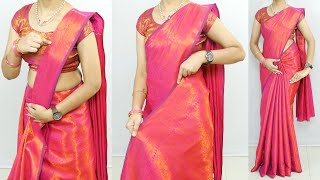 How to wear satin silk saree for newly married girls | Saree draping with perfect pleats trick