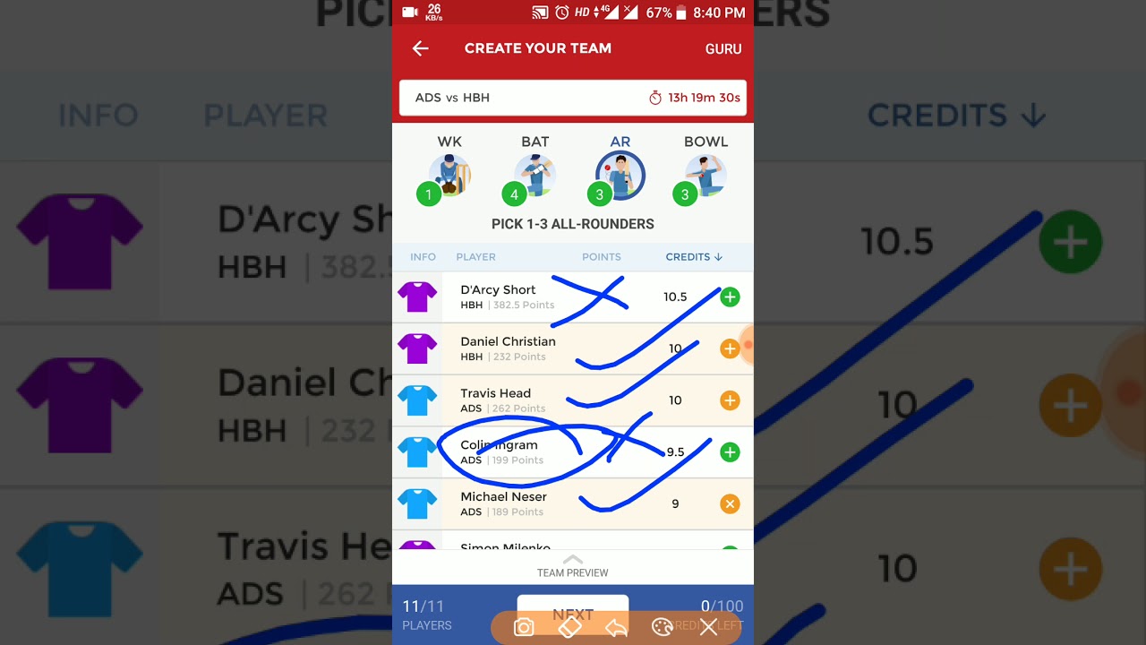 HBH VS ADS ( Final match BBL Hobart Hurricanes Vs Adelaide strikers dream 11 team)