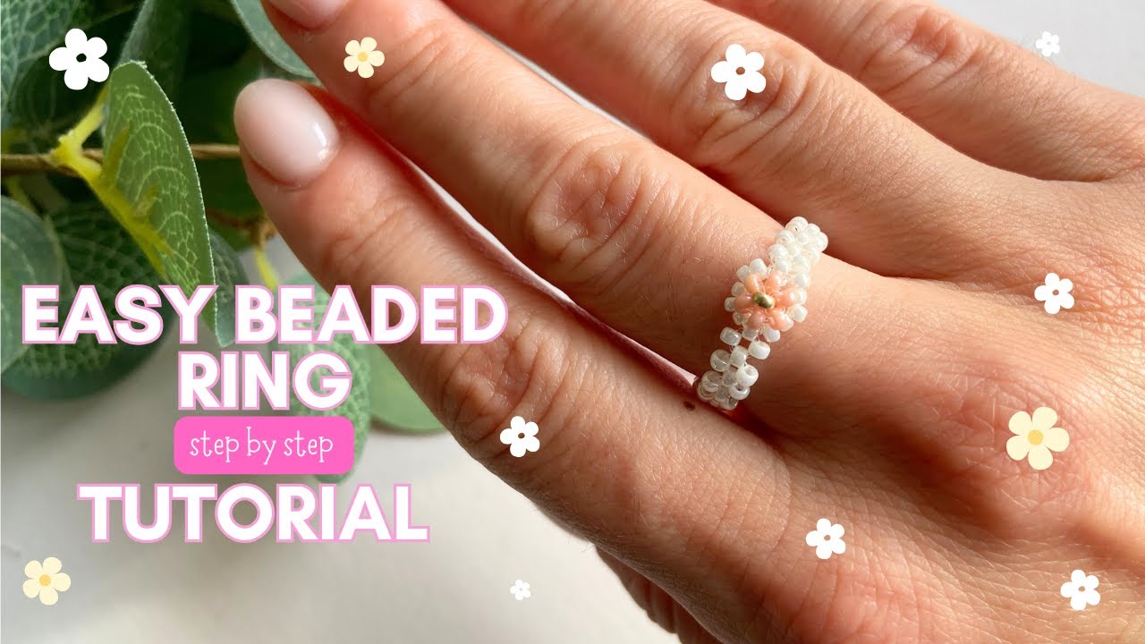 easy beaded ring step by step tutorial, diy beaded ring, flower ring