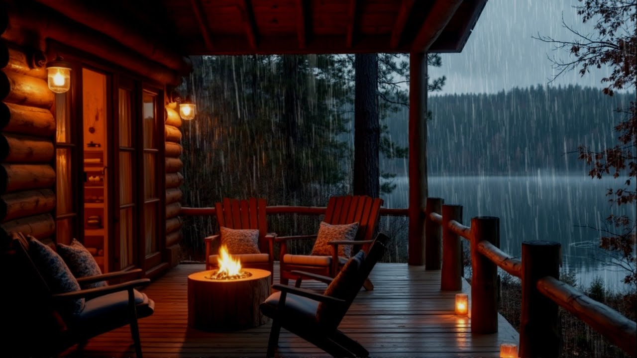 Rain in Cozy Cabin at night with fireplace - Thunderstorm Sounds for ...