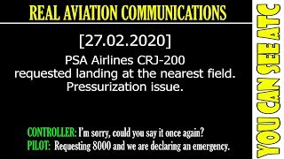 (Real ATC) PSA Airlines CRJ-200 REQUESTED landing at the NEAREST FIELD. Pressurization issue.