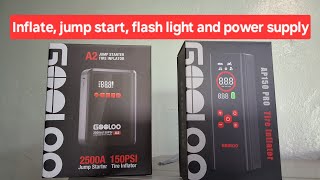 GooLoo tire inflaters, jump starter, flashlight, and USB power supply