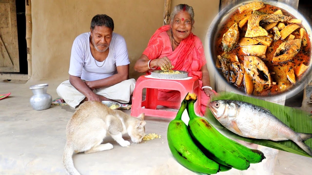 Hilsa Fish and Green Banana Recipe cooking by village Grandmother