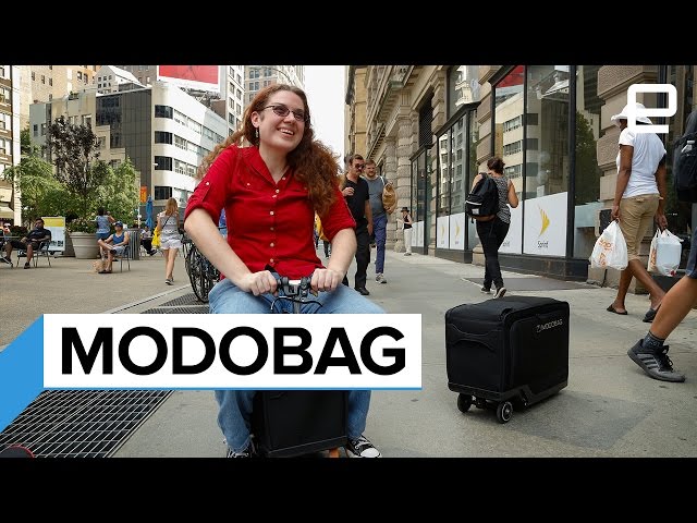 Riding Modobag, the motorized suitcase