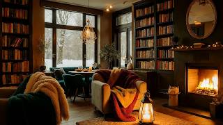 Cozy Winter Library Ambience - Warm Fireplace Jazz Relax Music for Deep Focus and Work