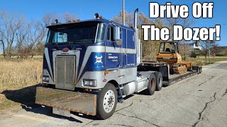 Peterbilt Cabover Around Chicago, Unloads Bulldozer