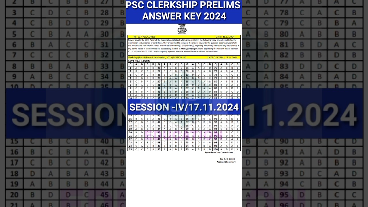 PSC CLERKSHIP PRELIMS ANSWER KEY SESSION 4।PSC CLERKSHIP SESSION 4 ANSWER KEY