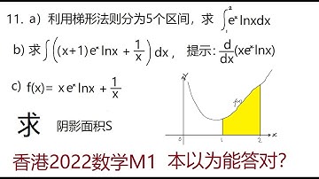2022年香港DSE延伸单元M1第11题, 微积分：阴影面积， DSE Math Extension Unit M1 Exam for University Entrance in Hong Kong