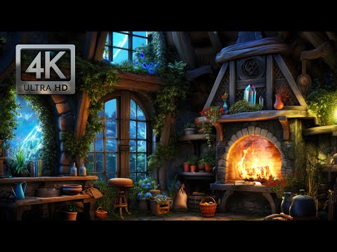 Inside the Gardener's Cozy Cottage, Crackling Fire Sounds and Nature Ambience