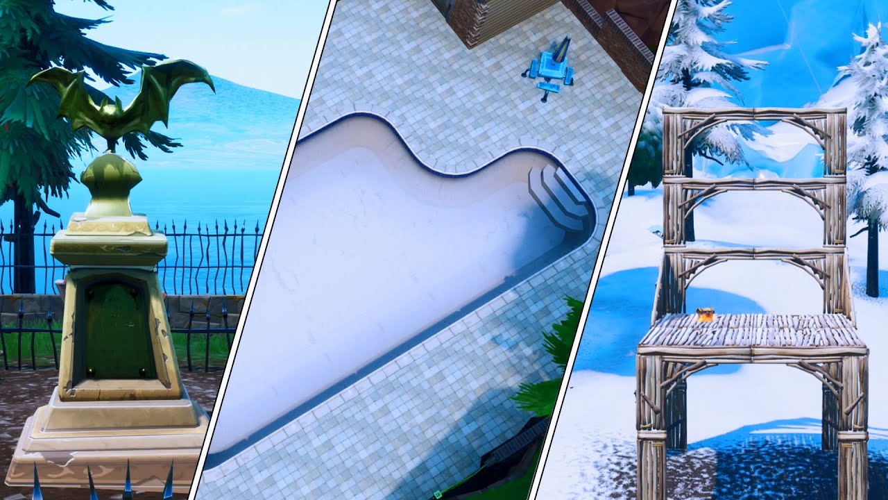 Dance in front of a bat statue, in a way above-ground pool and on a seat for giants