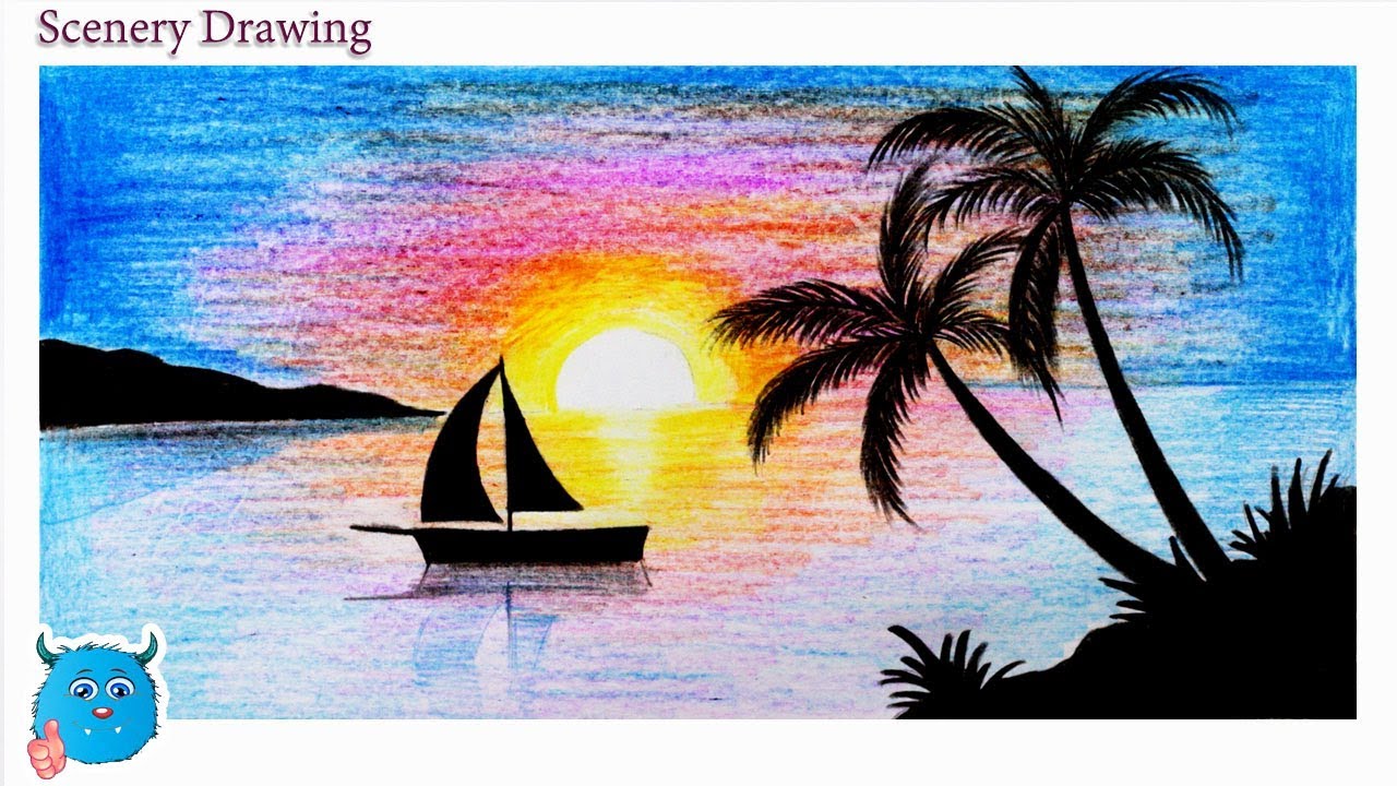 Sunset Scenery Drawing In Pencil For Beginners Step By Step - Youtube