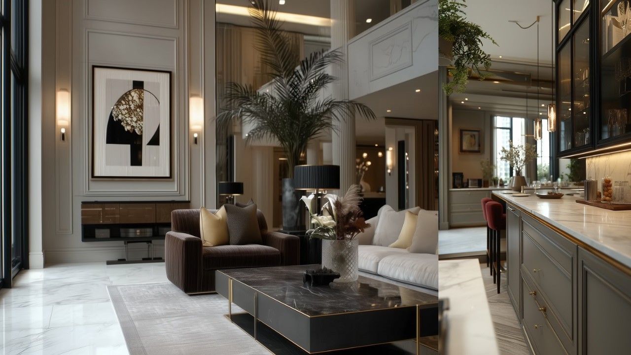 Гармоничные цвета и роскошный декор: мягкий темный гламурный дизайн интерьера для уютного совреме...