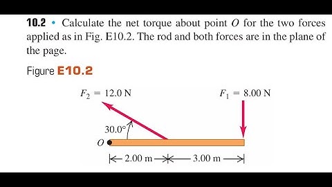 Calculate the net torque about point   for the two forces applied as in Fig. E10.2. The rod and both
