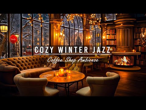 Forceful Winds, Snowfall at Cozy Winter Coffee Shop Ambience | Warm Jazz Music & Crackling Fireplace