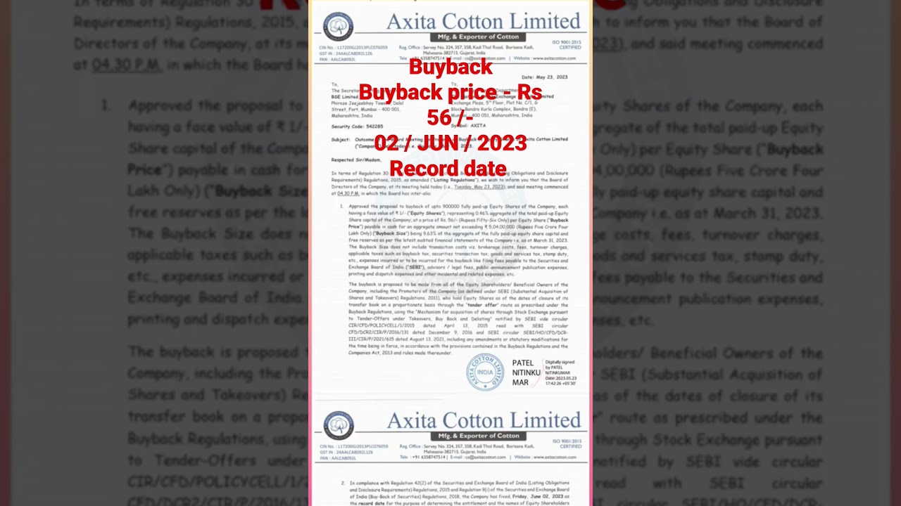 Axita Cotton Ltd Share Buyback Update Stockmarket Trending Shorts Ytshorts Stock