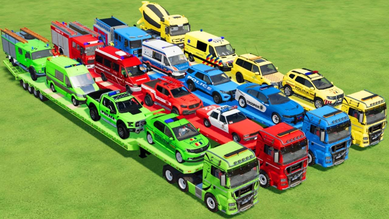 TRANSPORTING ALL POLICE CARS, AMBULANCE, FIRE TRUCK, COLORFUL CARS WITH TRUCK -FARMING SIMULATOR 22!