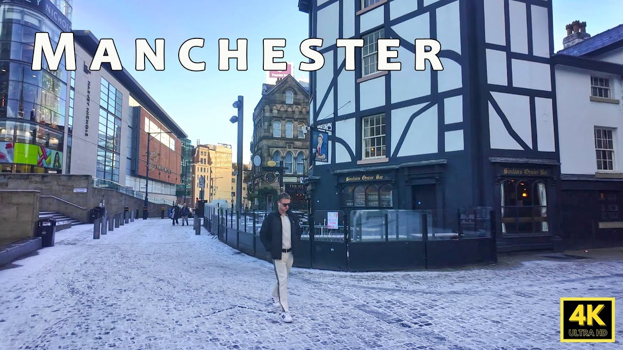 🇬🇧 Snow in Manchester walking from Northern Quarter to Cathedral via Exchange Square