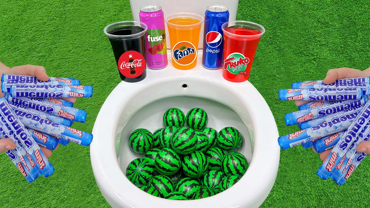 Watermelon VS Popular Sodas !! Pepsi, Coca Cola, Sprite, Fuse Tea, Fanta and Mentos in the toilet