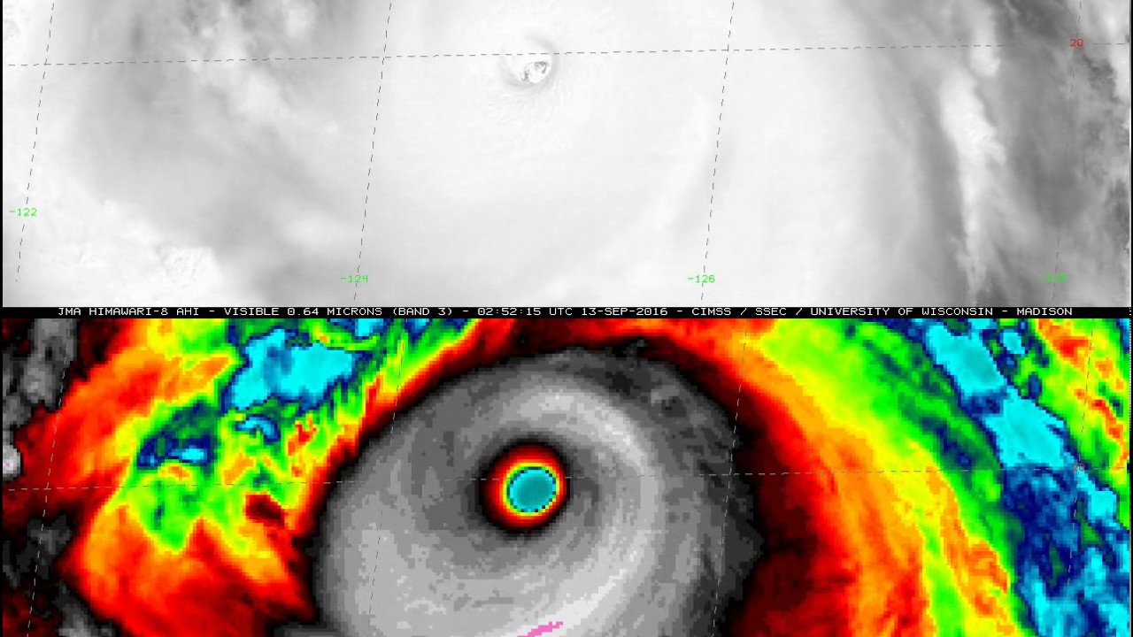 visible and infrared satellite imagery of Super Typhoon Meranti (Ferdie) September 12th-13th 2016
