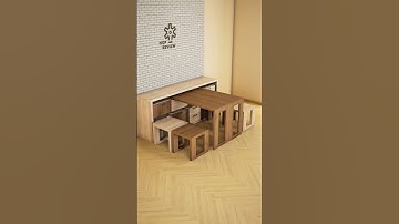 Space-Saving Multifunctional Furniture Design. Folding Table with Hidden Stools.