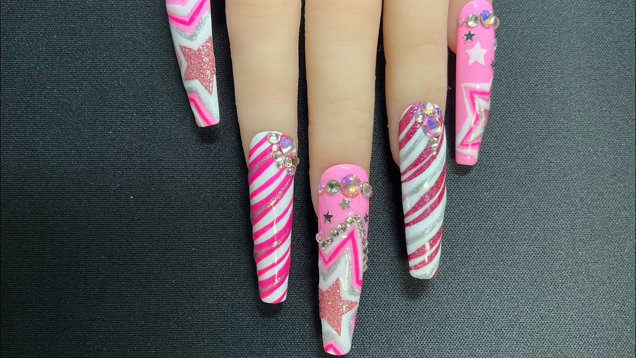 [Nail art] Pink Stars Candy cane Winter Nails - YouTube