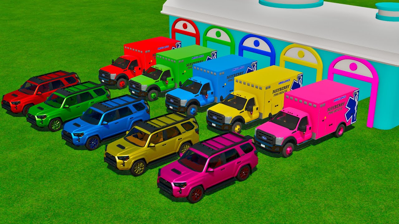 LOAD & TRANSPORTING EMERGENCY VEHICLES TO COLORED RAMPS WITH TRUCKS Farming Simulator 22 | FarmYA