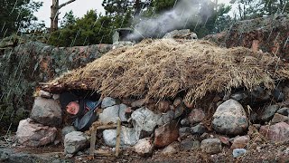 3 Day Beach Bushcraft: HEAVY RAIN \u0026 WIND - Expanding my Shelter - ASMR