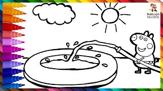 Dibuja y Colorea A Peppa Pig Llenando Su Piscina Infantil Con Agua  Dibujos Para Niños