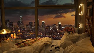 Kamar Tidur Nyaman 4K Dengan Pemandangan Malam Los Angeles - Musik Piano Jazz Halus untuk Bersantai dan Bersantai