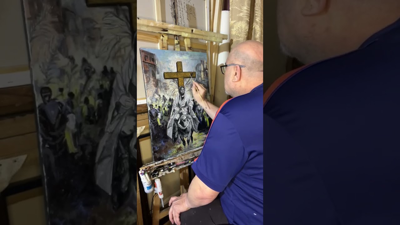 دخول ملك الملوك الى اورشليم منتصراً في احد السعانين الوان اكريليك فنان رعد جبرائيل قلو بغداد-العراق