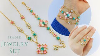 Boncuktan Kare Set Yapımı. Beautiful squarey Necklace &amp; Bracelet making. #beading #tutorial