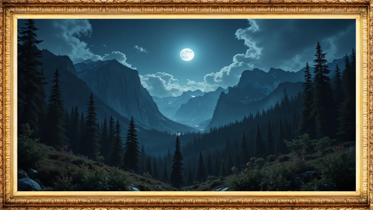 Moonlit Mountain Valley | Gold Frame Night Sky TV Art | 4K Mystical Landscape Screensaver