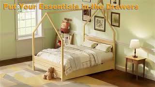 Wood House Shape Twin Montessori Bed with 2 Storage Drawers