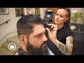 Slicked Back Haircut for Thick Hair with Beard Trim | The Philadelphia Barber Co.