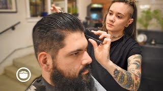 Slicked Back Haircut for Thick Hair with Beard Trim | The Philadelphia Barber Co.