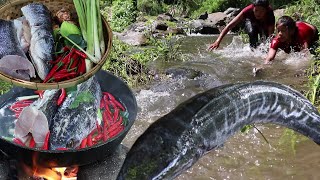 Catch fish in river for Survival food & Yummy fish tasty cooking for lunch - My Natural Food ep 61