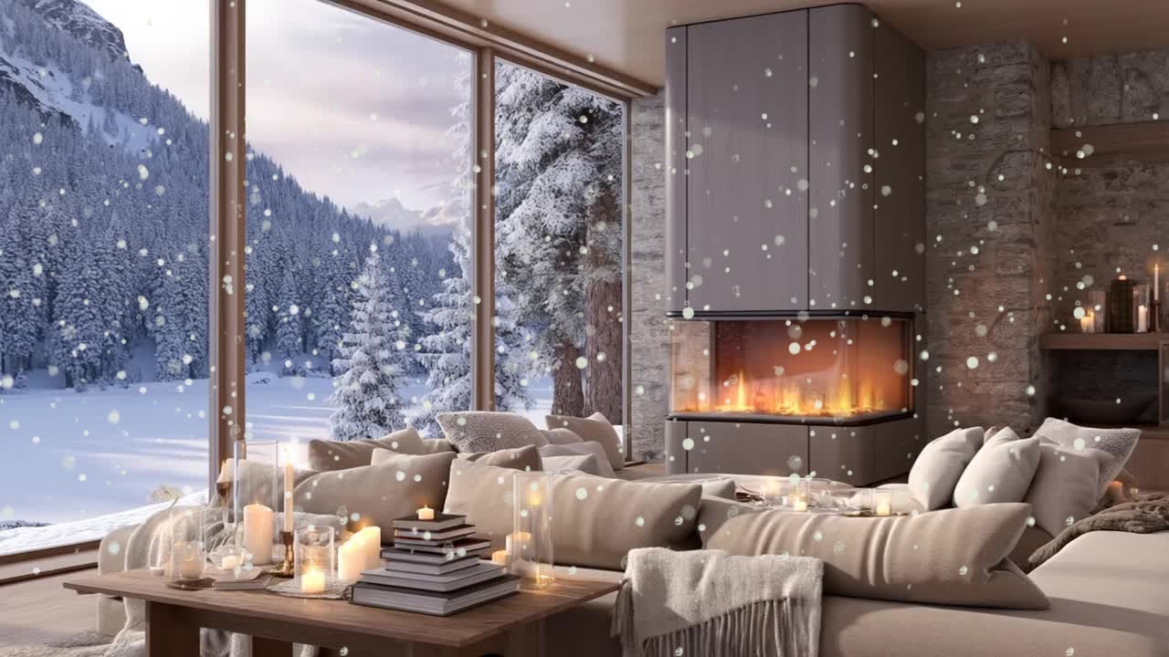 🔥Luxury Snowy Cabin Ambience | Modern Fireplace, Cozy Winter Interior ...