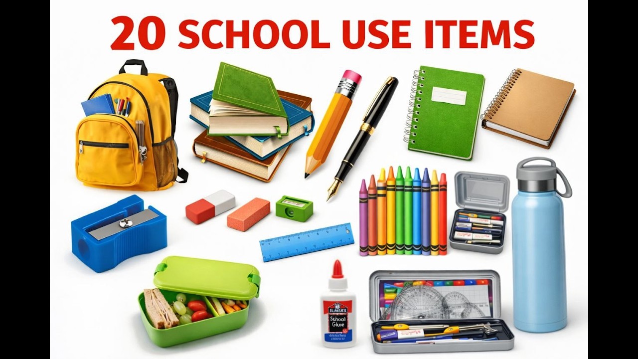 20 School Use Items Name in English #schoolitems #schoolobjects # ...