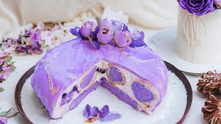 Mirror Glazed Vanilla Blueberry Mousse Cake With Profiteroles | Unique Dessert Recipe