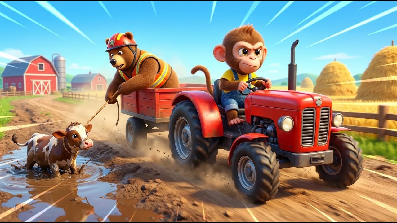 Little Monkey Ricky Rescue Team! 🚒 Fire Truck, Excavator & Crane Truck Adventures for Kids