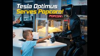 Tesla Optimus robot waving and serving popcorn