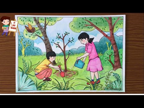 Vẽ tranh đề tài lao động: Trồng cây bảo vệ môi trường | How to paint environmental protection.