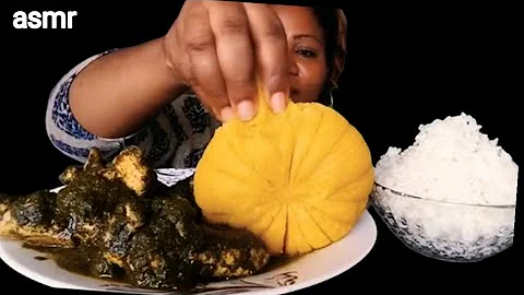 African food mukbang/ Yellow fufu with white rice with black soup / eating sound