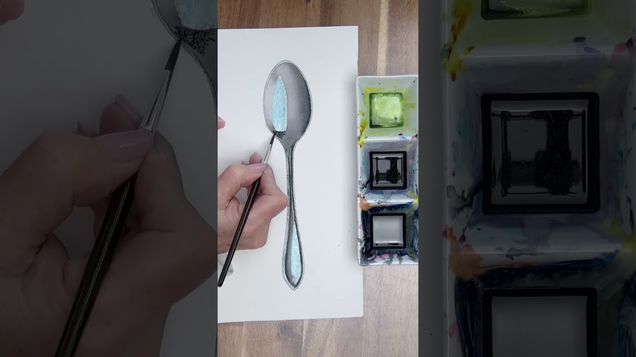 Paint A Realistic Silver Spoon Using One Color & One Brush With Watercolor