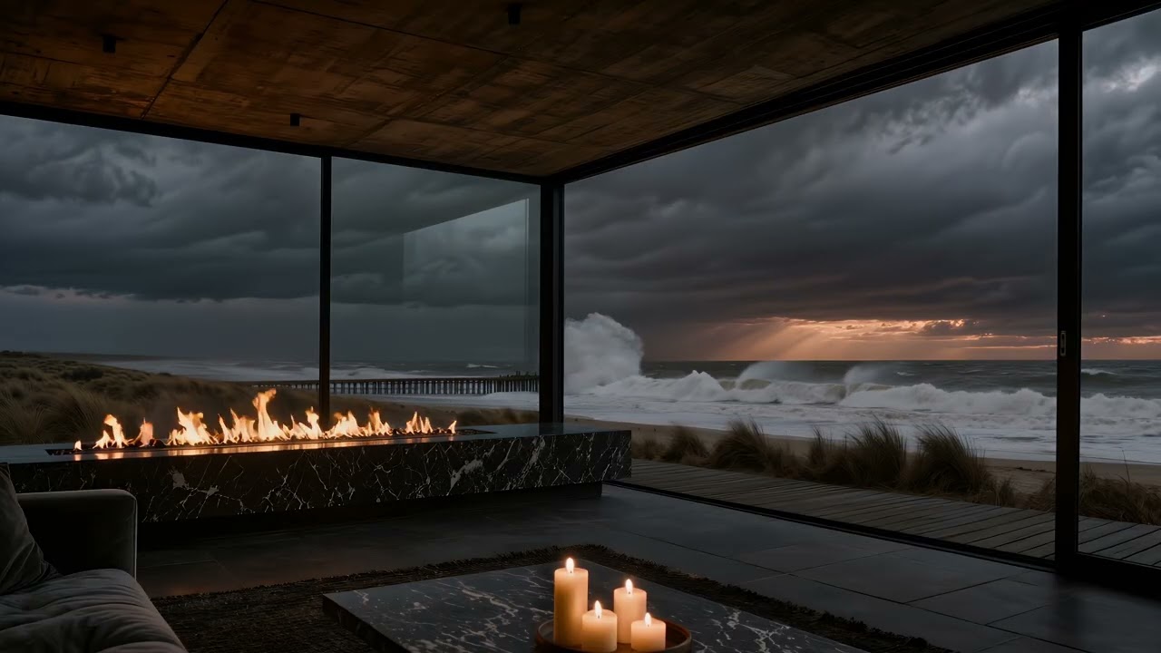 Stormy Ocean Fireplace Ambience 🌊🔥 | Cozy Modern Beach House \u0026 Crashing Waves