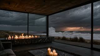 Stormy Ocean Fireplace Ambience 🌊🔥 | Cozy Modern Beach House & Crashing Waves