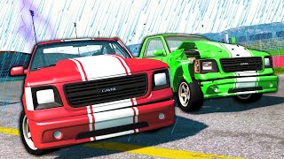 Insane Truck Racing & Crashes in the Rain?! - BeamNG Multiplayer Sim Racing Mod