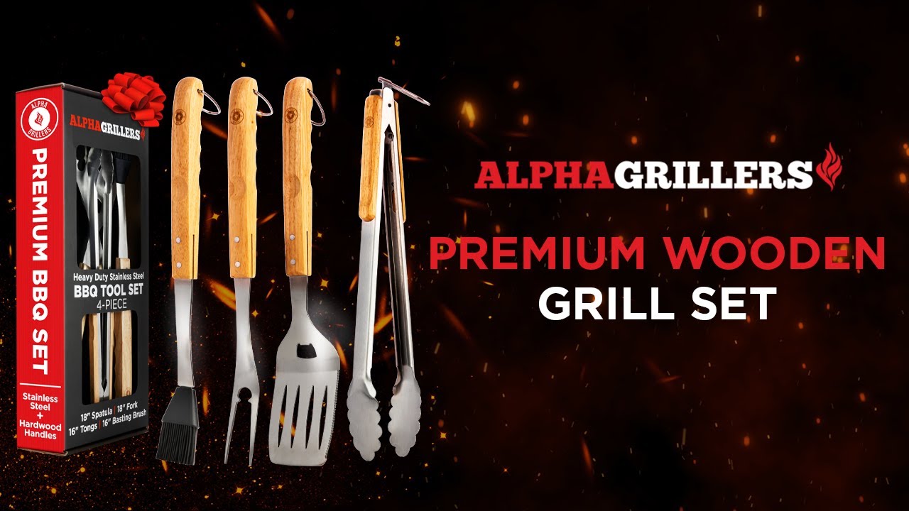 Alpha Grillers Grill Set Heavy Duty BBQ Accessories - BBQ Gifts Tool Set  4pc Grill Accessories with Spatula, Fork, Brush & BBQ Tongs - Grilling