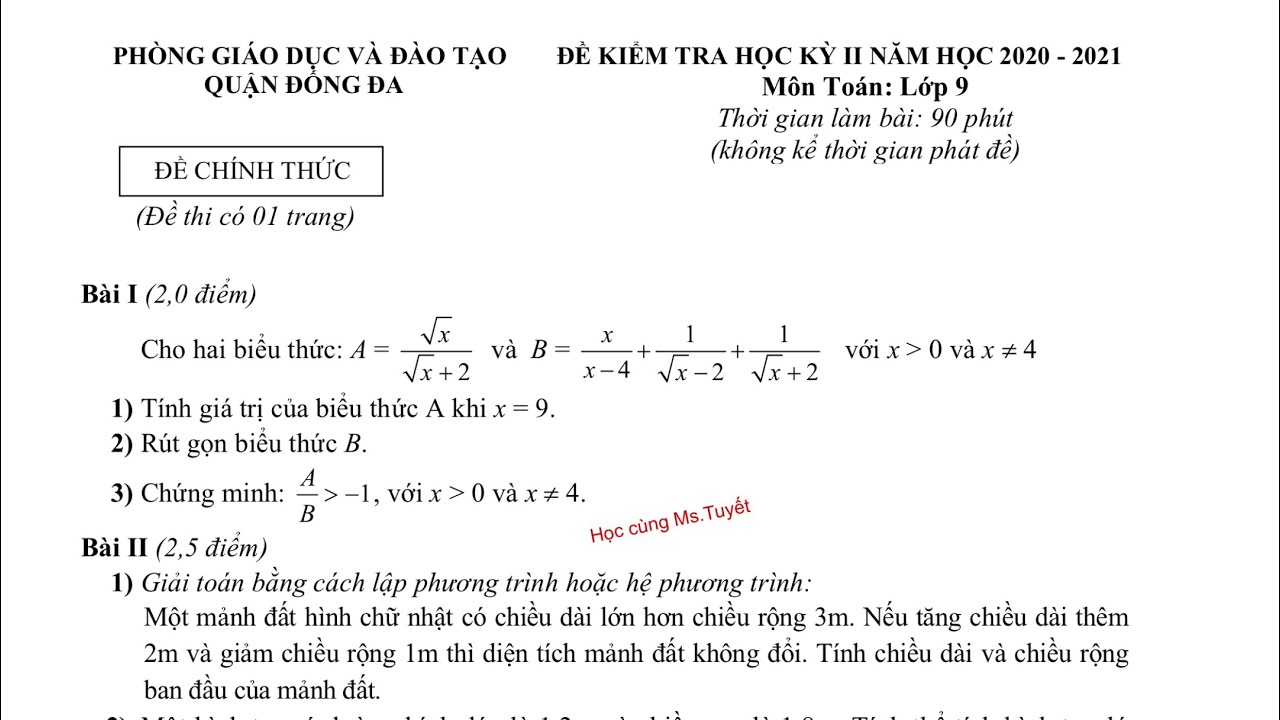 Đề thi học kỳ 2 toán 9 | Toán 9 – Đề 04 – Giải đề thi Cuối Kỳ 2 môn Toán lớp 9 năm học 2020-2021