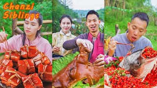 Pig Head Amazing Pork Recipe🐷 | Mukbang Eating Challenge|Village Food Cooking |Chanzi Siblings